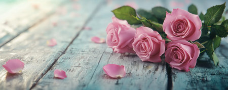 Express your love with this exquisite Mother's Day bouquet Delicate pink roses, scattered petals, and weathered wood create a timeless arrangement perfect for expressing deep affection and care Ideal for Mother's Day, birthdays, or anniversaries, these roses beautifully symbolize your appreciation AI Generativeの素材