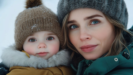 Experience pure love with this image of a mother embracing her child in a snowy forest The tender scene captures a nurturing moment, emphasizing the child nestled in her arms amidst a winter wonderland Ideal for projects seeking warmth, family themes, or winter settings, this picture is a beautiful expression AI Generativeの素材