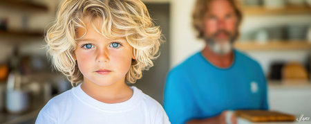 Capture the essence of family joy in this heartwarming photo A blonde boy takes center stage during a lively Mother's Day celebration, with his father softly in the background This image radiates warmth, illustrating the tender bond and love within a family A memorable scene of family dynamics in everyday AI Generativeの素材