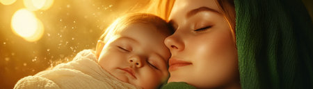 This image captures the heart of motherhood: a mother's tender embrace soothing her crying baby under moonlight, transitioning to a peaceful scene of mother holding a sleeping child bathed in warm light The gentle bond between them radiates love and tranquility, perfect for projects celebrating family AI Generativeの素材