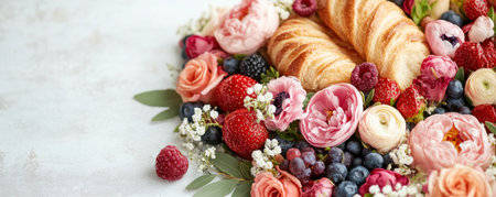 This Mother's Day, skip the festival and enjoy a delightful feast! Indulge in fresh berries, roses, and delicious croissants This beautiful spread, a treat for all, offers a perfect way to honor mothers with floral gifts and joy, celebrating with a loving gesture, not a grand event AI Generativeの素材