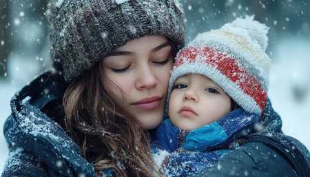 A mother's tender embrace in a snowy forest radiates warmth and love, capturing the heart of winter This serene scene embodies nurturing care, showcasing a powerful bond between parent and child It's a perfect image highlighting themes of family, maternal love, and the quiet beauty of nature's cold embrace AI Generativeの素材