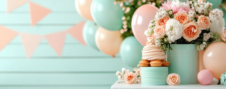 A heartwarming Mother's Day background featuring pastel banners, balloons, and floral garlands in a cozy living room This image radiates gratitude with its warm, inviting atmosphere, perfect for cards, social media, and designs Its soft colors and elegant details create a visually stunning tribute for celebrating mothers AI Generativeの素材