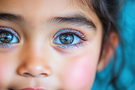 A close-up captures a child's sparkling joy, like a vibrant Mother's Day celebration Glittering eyes reflect pure happiness and family love This bright, engaging moment portrays the innocence of childhood and a tender, heartfelt connection, creating a beautiful and unforgettable memory AI Generativeの素材