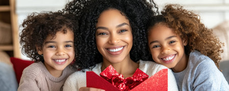 A tender family photo captures a heartwarming Mother's Day moment: a mother, beaming with joy, opens a card filled with loving messages, surrounded by her family Their smiles radiate connection and appreciation, a beautiful representation of motherhood and family love A perfect gift to honor all mothers AI Generativeの素材