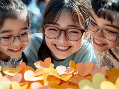 Capture Mother's Day with a heartwarming scene: a family lovingly crafts gratitude messages on vibrant paper hearts This image embodies the beautiful bond between mother and children, radiating appreciation and pure affection Ideal for cards, blogs, or marketing, it expresses the warmth and joy of this special occasion AI Generativeの素材