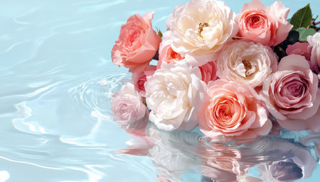 Celebrate Mother's Day with a radiant bouquet of pink and white roses This exquisite floral masterpiece, floating serenely on shimmering water, expresses heartfelt gratitude with love and joy A visually stunning arrangement, it captures the essence of the occasion perfectly AI Generativeの素材