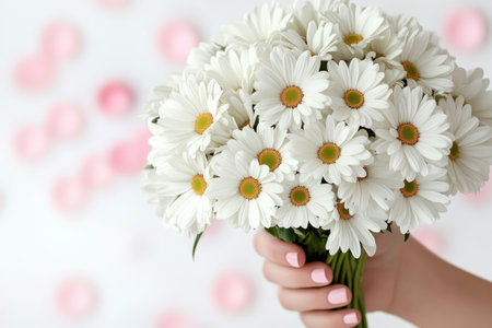 This heartwarming Mother's Day background features a mother with daisies, surrounded by smiling faces and soft light It evokes love, family, and warmth, perfect for cards, banners, and social media The delicate floral beauty creates a timeless celebration of motherhood AI Generativeの素材