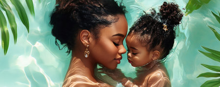 This tender artwork captures a loving mother-child bond in a serene aquatic embrace Perfect for Mother's Day, birthdays, or any occasion to honor mothers, it evokes warmth and devotion The illustration symbolizes pure affection and connection, ideal for cards and social media A beautiful visual celebration of maternal love AI Generativeの素材