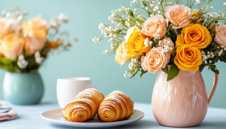 Capture the joy of Mother's Day with this vibrant still life Peach and yellow roses in elegant vases bloom beside flaky croissants on a pastel tabletop, creating a warm, inviting scene Perfect for cards or designs, it's a heartfelt expression of gratitude and love, celebrating Mom with laughter and affection AI Generativeの素材