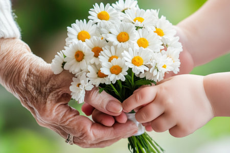 A heartwarming Mother's Day scene: a loving mother, radiant with joy, receives a vibrant daisy bouquet Bathed in soft light, her smiling family surrounds her This affectionate image captures the essence of maternal love, family bonds, and precious moments, perfect for celebrating this special occasion AI Generativeの素材
