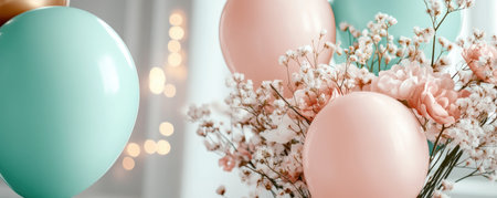 This Mother's Day background exudes warmth and gratitude Soft pastel banners, pink and teal balloons, and floral garlands decorate a cozy living room Its gentle palette and heartwarming scene perfectly capture the essence of the holiday, making it an ideal backdrop for expressing love and appreciation AI Generativeの素材