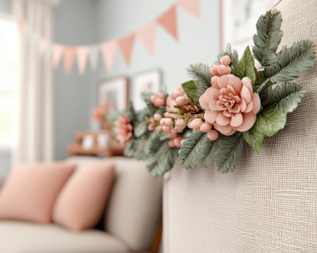 Celebrate Mother's Day with heartwarming d cor! Transform your living room into a cozy haven using banners, vibrant flowers, and family photos Discover festive ideas that promote love and joy, focusing on creating memorable moments in comfortable settings Enhance your home with these heartfelt decorations AI Generativeの素材