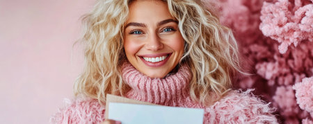 This image radiates Mother's Day warmth A smiling woman, possibly a mother, holds a memory-filled scrapbook, her joy reflecting deep family bonds It evokes love, tradition, and maternal happiness, perfectly capturing the sweetness of family life in a heartwarming, evocative photograph AI Generativeの素材