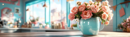 Create a warm Mother's Day ambiance with this family-focused background A cozy home scene showcases cherished portraits, vibrant flowers, and cheerful banners Perfect for setting the mood on cards and invitations, this heartwarming image is ideal for your Mother's Day projects AI Generativeの素材