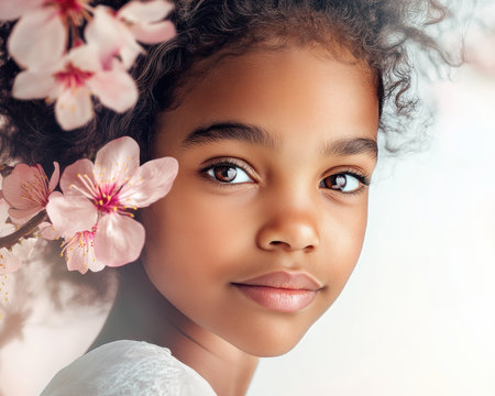 Capture the essence of Mother's Day with this tender illustration Soft textures depict a young girl adorned with pink blossoms, symbolizing new beginnings and motherly love This heartwarming artwork, perfect for cards or gifts, honors maternal affection with symbolic motifs A precious portrait of love to express heartfelt feelings AI Generativeの素材