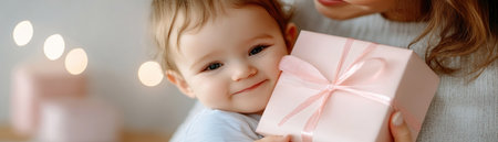 This Mother's Day image captures a heartwarming family embrace, a pastel-wrapped gift nearby It radiates love, togetherness, and joyful appreciation, celebrating motherhood and family bonds The scene evokes warmth and happiness, ideal for various uses AI Generativeの素材