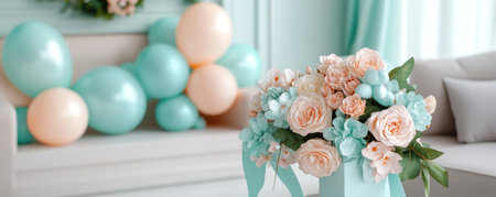 Celebrate Mother's Day with this charming background! Pastel banners, balloons, and floral garlands adorn a cozy living room, creating a festive and loving atmosphere Perfect for expressing gratitude and joy, this vibrant image is ideal for heartfelt designs and messages The warm decorations embody the spirit of Mother's Day AI Generativeの素材