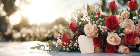 A joyful floral background bursts with vibrant roses and tulips, framing a heartfelt card on a sunlit table This elegant arrangement, bathed in warm light, embodies the essence of Mother's Day It's a beautiful scene of love and gratitude, capturing a perfect moment of joy and appreciation AI Generativeの素材