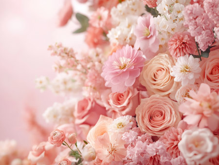 Celebrate Mother's Day with a vibrant floral arrangement! Pastel blooms capture Spring's essence, featuring pink roses and delicate blossoms that convey love and appreciation This fragrant, colorful display is the perfect heartfelt gift to bring joy and happiness to Mom AI Generativeの素材