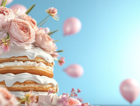 A festive Mother's Day scene bursts with joy! Laughter echoes amidst a delicious cake, wrapped gifts, and soft pink balloons Delicate flowers complete the heartwarming image, a visual tribute to shared love and happiness Celebrate the special day with this sweet and cheerful depiction AI Generativeの素材