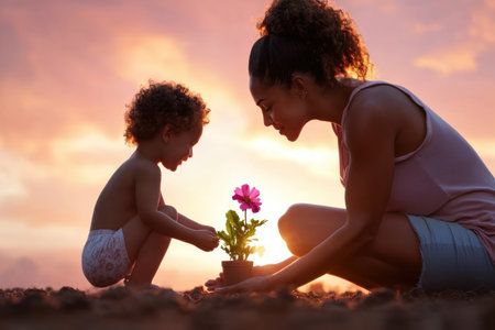Celebrate Mother's Day with a heartwarming illustration! A mother and child joyfully plant vibrant flowers, symbolizing growth and love This whimsical scene evokes nurturing and family bonds, perfect for sharing the special connection between mother and child Embrace the tender affection this image inspires AI Generativeの素材
