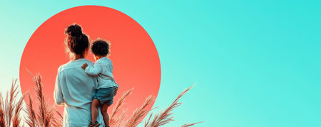 This minimalist Mother's Day card features a tender silhouette of a mother and child beneath a moonlit sky Its evocative design captures the warmth of motherhood, making it a heartfelt and beautiful way to celebrate Ideal for personalized gifts, this card will surely touch hearts with its meaningful simplicity AI Generativeの素材