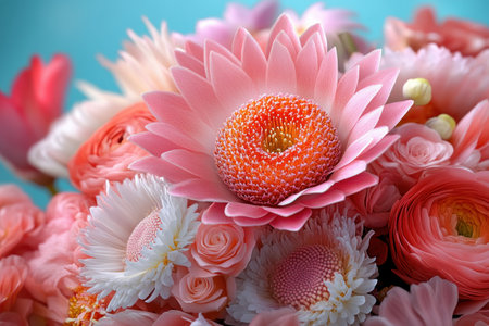 A vibrant floral arrangement celebrates Mother's Day with pink blossoms and intricate details Its fresh, loving energy, and delicate texture evoke warmth and happiness Perfect for cards, posters, or banners, this image embodies spring's awakening and expresses appreciation with soft hues A truly delightful representation of nature's beauty AI Generativeの素材
