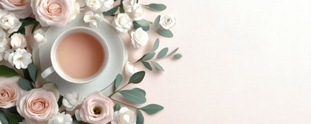 Celebrate Mother's Day with this warm, inviting background An elegant tea table, adorned with floral china and soft pastels, sets a sophisticated scene Delicate roses and leaves surround a teacup, bathed in gentle candlelight, creating an ambiance perfect for honoring mothers AI Generativeの素材