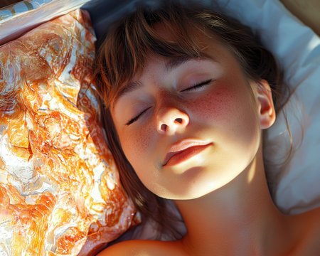 A young woman sleeps peacefully, bathed in warm light, a package beside her Though not a direct Mother's Day gift scene, the soft focus and gentle light evoke tenderness Her serene expression reflects love and gratitude It's a tranquil portrait, capturing a quiet moment reminiscent of a mother's love AI Generativeの素材