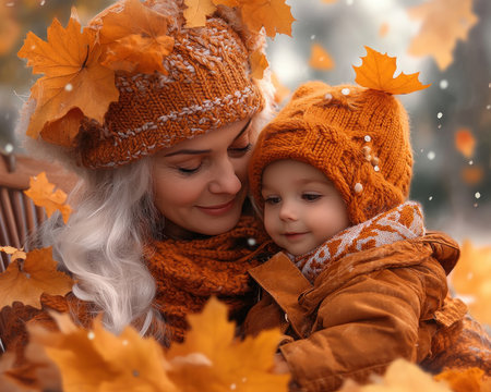 Step into a nostalgic autumn with a mother and child, wrapped in cozy attire, sharing a tender moment amidst falling leaves This heartwarming scene evokes love, comfort, and generational connection through soft hues and gentle expressions It's a serene celebration of family ties, autumn's beauty, and the simple, cherished traditions AI Generativeの素材