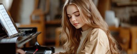 Immerse yourself in "Mother's Love Harmony" A serene mother plays the piano, her fingers creating a symphony of love and peace Soft light illuminates the scene as music fills the room with joy Sheet music rests on the stand, completing this beautiful, calming indoor moment AI Generativeの素材