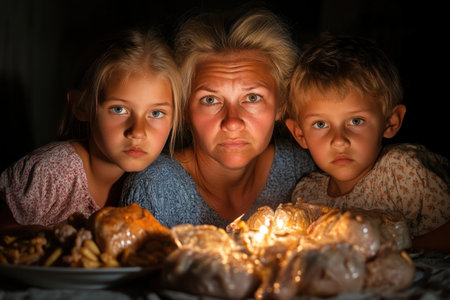 A mother anchors her family during a feast, her strength evident in the dimly lit room Two children share the meal, emphasizing their close bond A close-up reveals dinner details, the focus on their shared experience This simple ritual highlights the family's love and deep connection AI Generativeの素材
