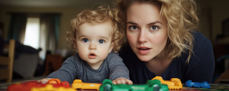 This heartwarming image captures a mother and child immersed in play with vintage toys, reliving the mother's childhood Focused on colorful blocks, their faces glow in natural light, conveying a sense of love, connection, and joyful play within a cozy home setting The scene evokes a sweet nostalgia and shared AI Generativeの素材
