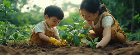 In the soft morning light, a mother and child share a tender moment planting flowers The mother's gentle guidance illuminates the joys of gardening, fostering a pure, supportive bond Witness their nurturing connection as they create lasting memories together, bathed in the warmth of the morning sun within nature's embrace AI Generativeの素材