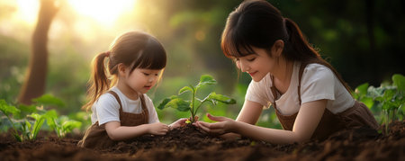 A tender scene unfolds as a mother, in brown overalls, guides her child in planting flowers under the warm morning sun The image, bathed in soft light, captures their focused hands and the nurturing bond between them It's a heartwarming glimpse of love, growth, and the simple beauty of nature AI Generativeの素材