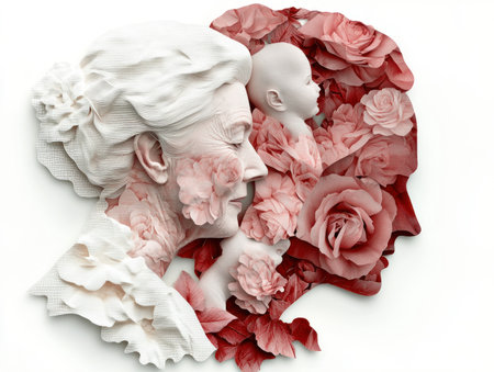 This artwork poignantly depicts a mother and child silhouette, filled with roses symbolizing family love It conveys heartfelt promises of lifelong support for mothers on Mother's Day Capturing generational love and maternal bonds, it's perfect for gifts, reflections on family connections, and cherished memories AI Generativeの素材