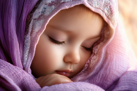 This image captures the essence of maternal love: a courageous mother anchoring her family through life's storms A serene child, wrapped in a protective purple shawl, symbolizes unconditional affection and tenderness It portrays the beauty of maternal care, the depth of a mother's devotion, and a child's innocent calm AI Generativeの素材