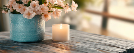 A mother's nurturing spirit radiates in this tranquil scene A lit candle and flowers adorn a weathered table, symbolizing a family sanctuary The image evokes peace, calm, and a deep sense of belonging, capturing the stillness of a loving home where every member feels valued AI Generativeの素材