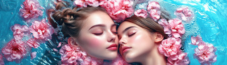 A tranquil scene portrays two women embraced by pink blossoms, floating serenely on a blue surface With closed eyes and faces close, they exude intimacy and love Soft light enhances the ethereal, dreamy quality, symbolizing feminine bonding and natural beauty It's a tender depiction of maternal care and connection AI Generativeの素材