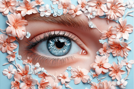 This image features a captivating blue eye framed by a vintage floral border of soft peach blossoms It conveys a heartfelt message of appreciation and sentiment through delicate details This artful composition evokes beauty and emotion, perfect for designs aiming for a tender, feminine touch Share the love with this AI Generativeの素材