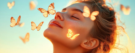 This card features a mother amidst softly glowing butterflies, rendered in a dreamlike, soft-focus style Warm tones and gentle light evoke peace and tenderness, perfectly capturing maternal love Ideal for expressing gratitude or celebrating motherhood, the ethereal scene is both magical and uplifting AI Generativeの素材