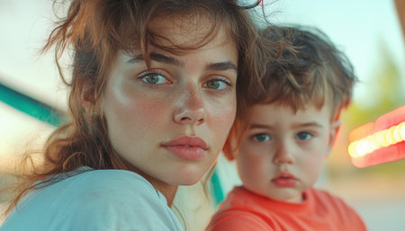 This portrait captures the tender, unbreakable bond between a mother and child It's a poignant scene of maternal love, a protective mother watching over her child, showcasing their intimate connection The emotional photograph highlights the essence of family, presenting a beautiful, touching visual story of parenthood and childhood AI Generativeの素材