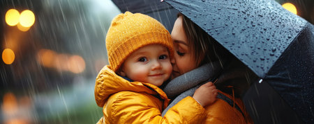 This image captures a tender moment: a mother sheltering her child from rain with a large umbrella Her yellow jacket provides a warm contrast, emphasizing the comfort and security of her love It's a protective scene evoking feelings of care, ideal for family and lifestyle content AI Generativeの素材
