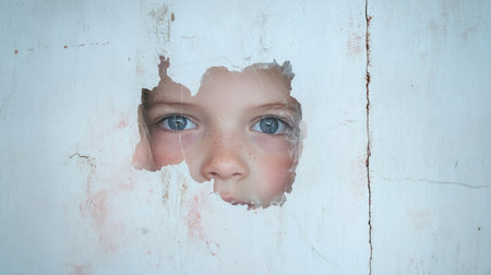 A mother's empathy unites generations, seen through a child's curious gaze This centered photograph captures childhood innocence and connection The wall's texture adds depth to this timeless image, where light draws focus It's a poignant moment of understanding bridging past and present AI Generativeの素材