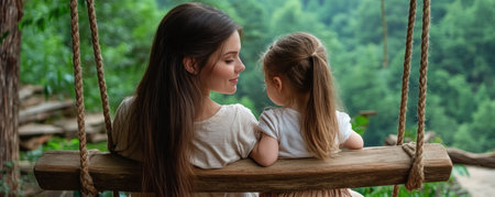 A rustic porch swing cradles a mother and child in quiet intimacy This image embodies maternal love, trust, and gentle affection Ideal for wall art or prints, the peaceful scene conveys a tranquil sense of familial warmth and bonding, capturing the essence of devotion and tenderness AI Generativeの素材