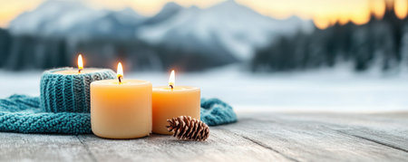 Experience winter's warmth with glowing candles nestled against a snowy mountain vista This image evokes love and coziness with a charming card featuring knitted patterns and lanterns Perfect for holiday greetings, its rustic touch includes textured knit and a pine cone, offering a serene and affectionate ambiance AI Generativeの素材