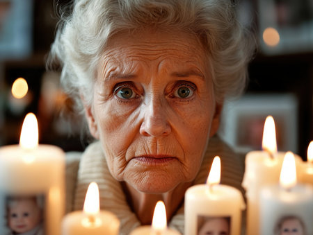 This heartwarming Mother's Day image depicts a mother surrounded by glowing, personalized candles showcasing family photos It evokes warmth, love, and cherished gatherings The soft light illuminates her face, creating a serene and celebratory ambiance, honoring the profound bond and legacy of mothers everywhere AI Generativeの素材