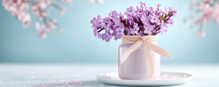This image encapsulates maternal love with a delicate lilac arrangement in a pink vase, a perfect Mother's Day gift It symbolizes a tranquil home, where love and unity are celebrated The scene exudes warmth and affection, ideal for expressing heartfelt appreciation for mothers and the strong family bonds they nurture AI Generativeの素材