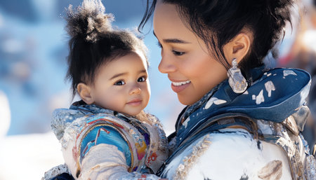Under a starlit sky, a mother cradles her baby, whispering sweet nothings This tender photograph captures the pure, unbreakable bond of maternal love It's a heartwarming scene of affection, warmth, and peace, showcasing the blissful connection between parent and child in a quiet, devoted moment AI Generativeの素材